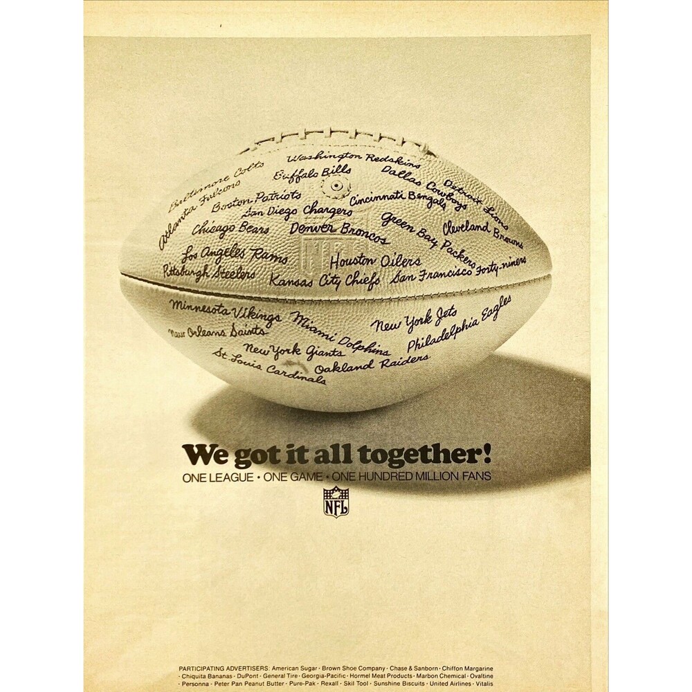 National Football League "One League. One Game. 100 Million Fans" Print Ad 1970